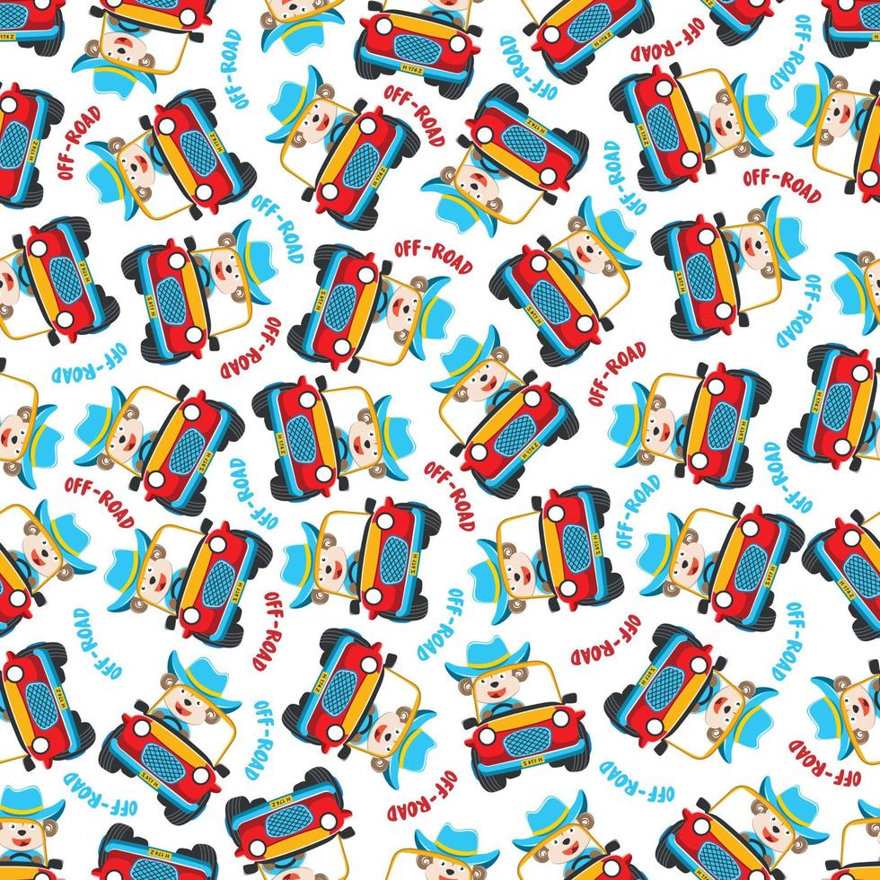 Seamless pattern of funny bear driving car in the road. Creative vector childish background for fabric, textile, nursery wallpaper, poster, card, brochure. and other decoration.