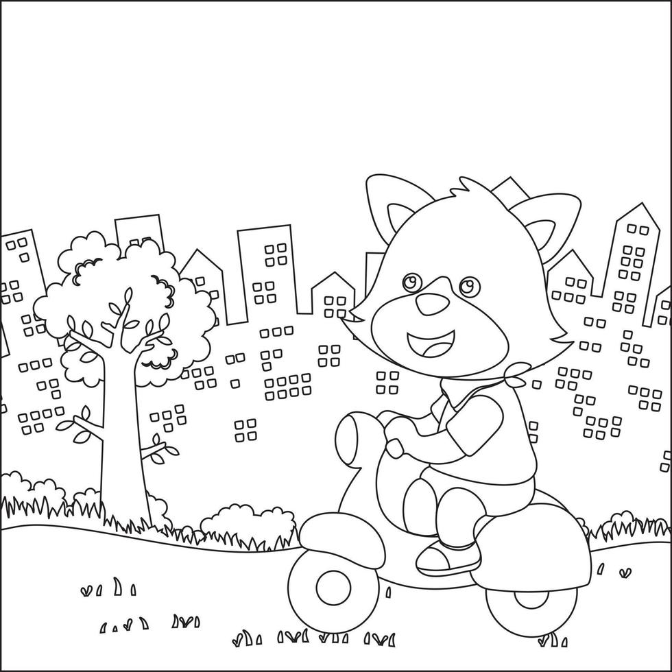 Vector illustration of cute little fox riding a scooter. Funny vector illustration. Childish design for kids activity colouring book or page.