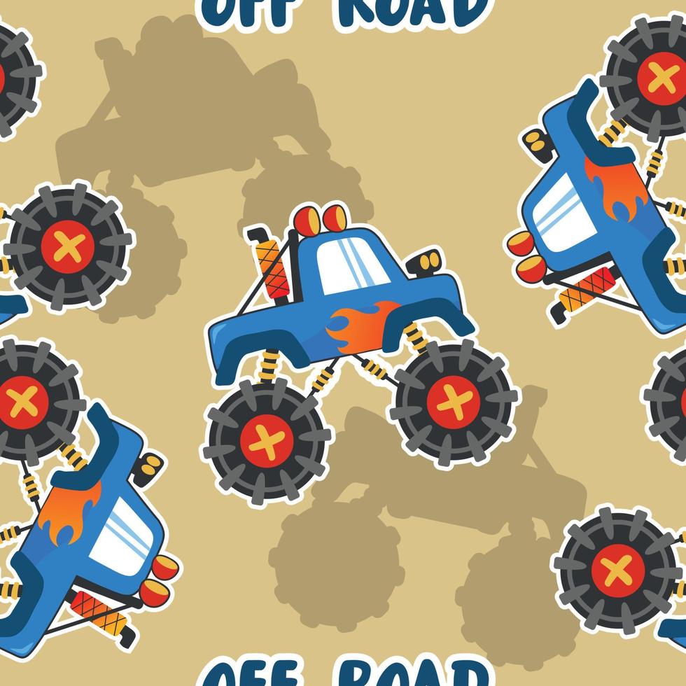 Seamless pattern vector of monster truck with cartoon style. For fabric textile, nursery, baby clothes, background, textile, wrapping paper and other decoration.