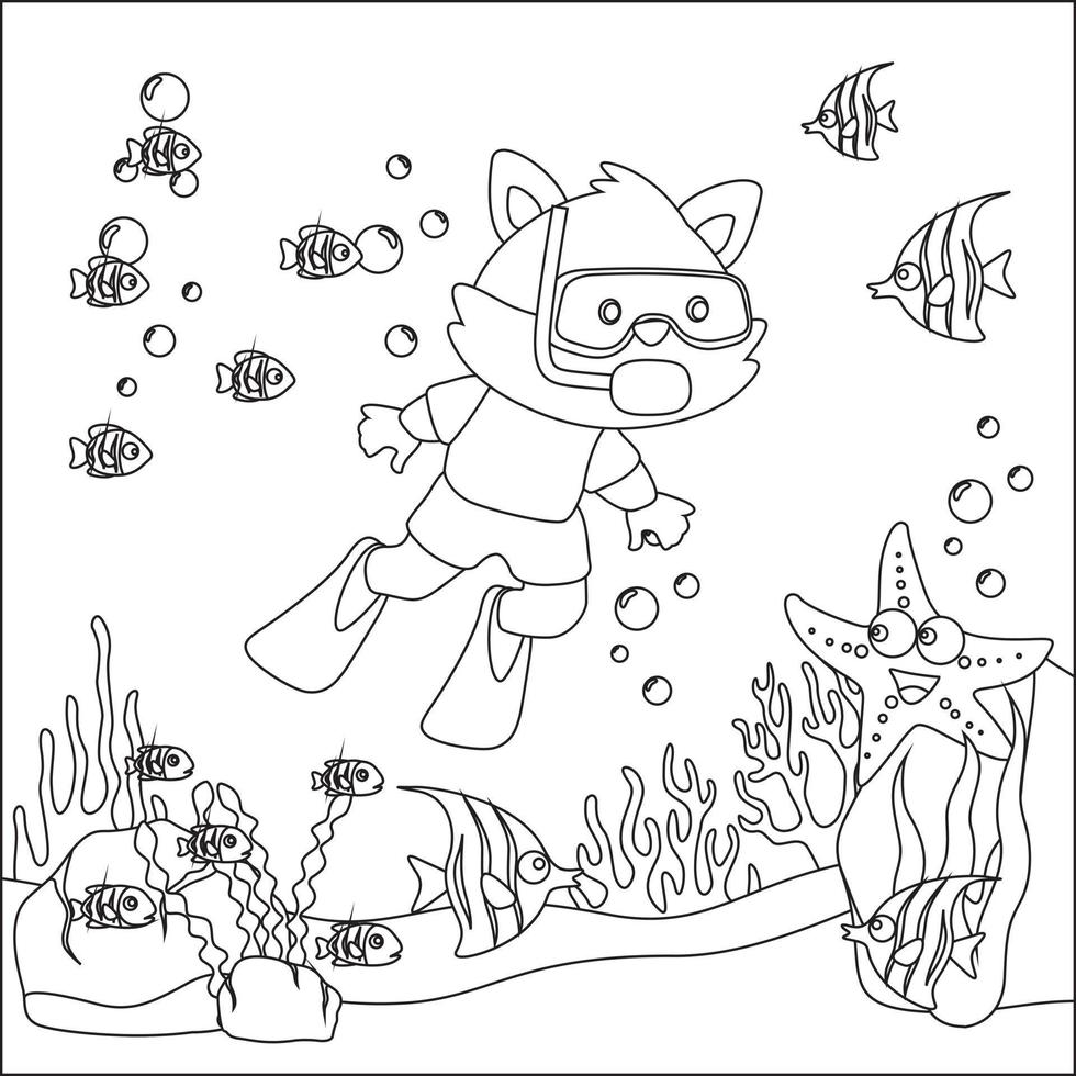 Vector cartoon illustration of little animal diving under sea with cartoon style Childish design for kids activity colouring book or page.