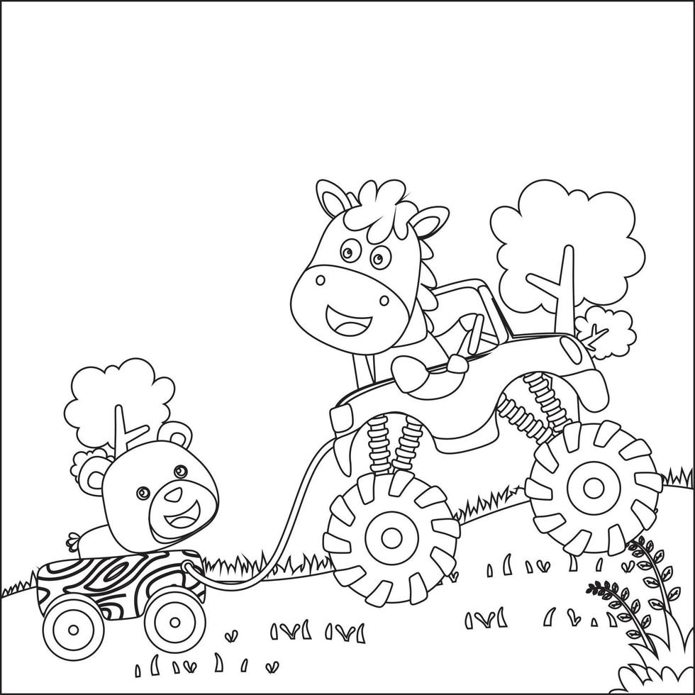 linda pequeño caballo conducción un monstruo coche Vamos a bosque gracioso animal dibujos animados, dibujos animados aislado vector ilustración, creativo vector infantil diseño para niños actividad colorante libro o página.
