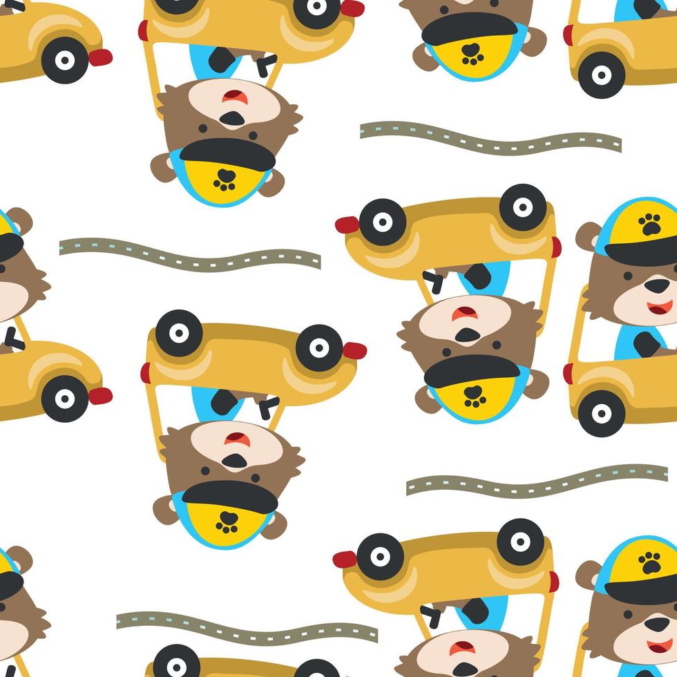 Seamless pattern of funny bear driving car in the road. Creative vector childish background for fabric, textile, nursery wallpaper, poster, card, brochure. and other decoration.