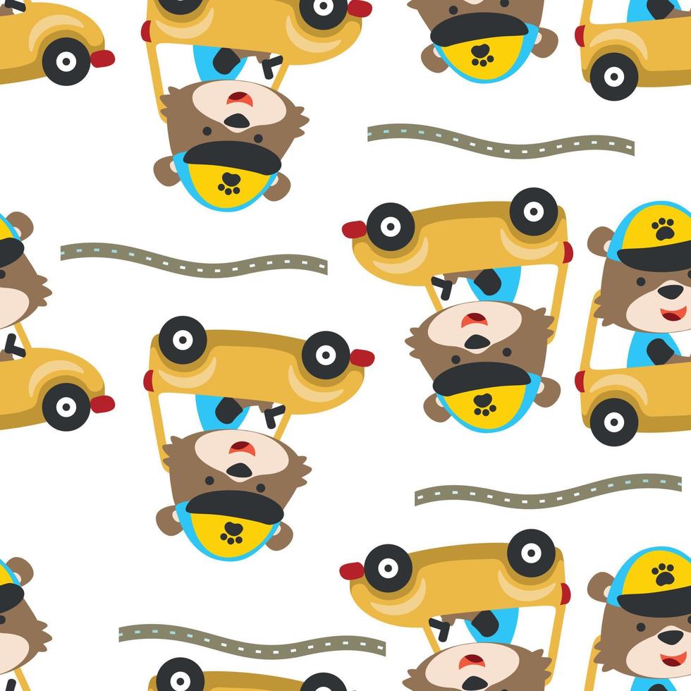 Seamless pattern of funny bear driving car in the road. Creative vector childish background for fabric, textile, nursery wallpaper, poster, card, brochure. and other decoration.