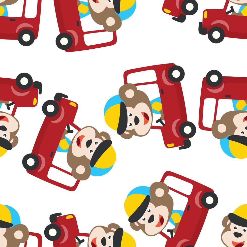 Seamless pattern of funny bear driving car in the road. Creative vector childish background for fabric, textile, nursery wallpaper, poster, card, brochure. and other decoration.