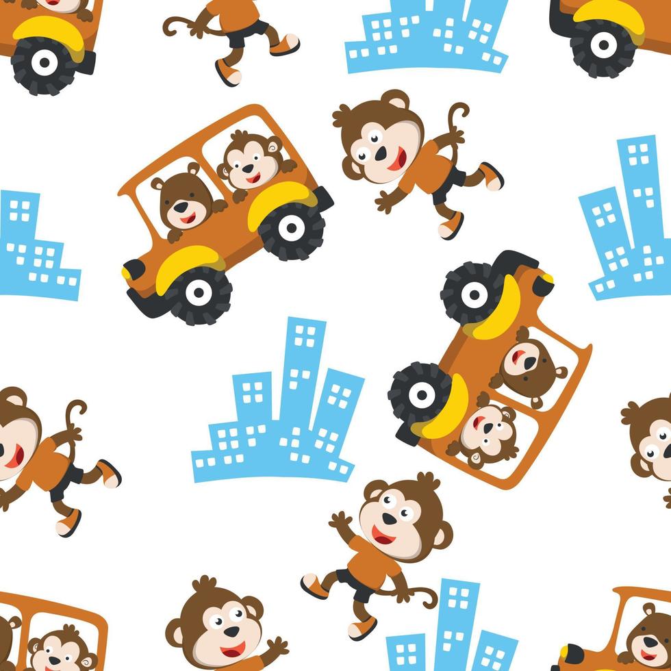 sin costura modelo de gracioso oso conducción coche en el la carretera. creativo vector infantil antecedentes para tela, textil, guardería fondo de pantalla, póster, tarjeta, folleto. y otro decoración.