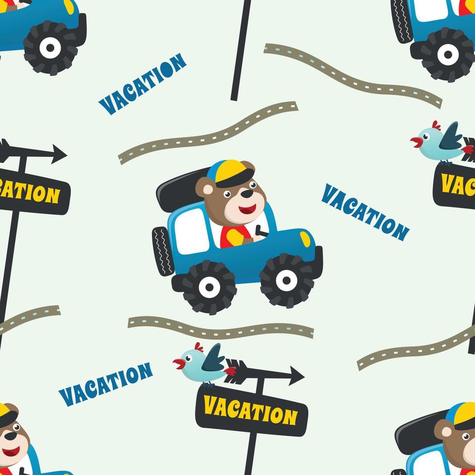 Seamless pattern of cute little animal driving a car go to forest funny animal cartoon,vector illustration. Vector illustration. T-Shirt Design for children. Design elements for kids.