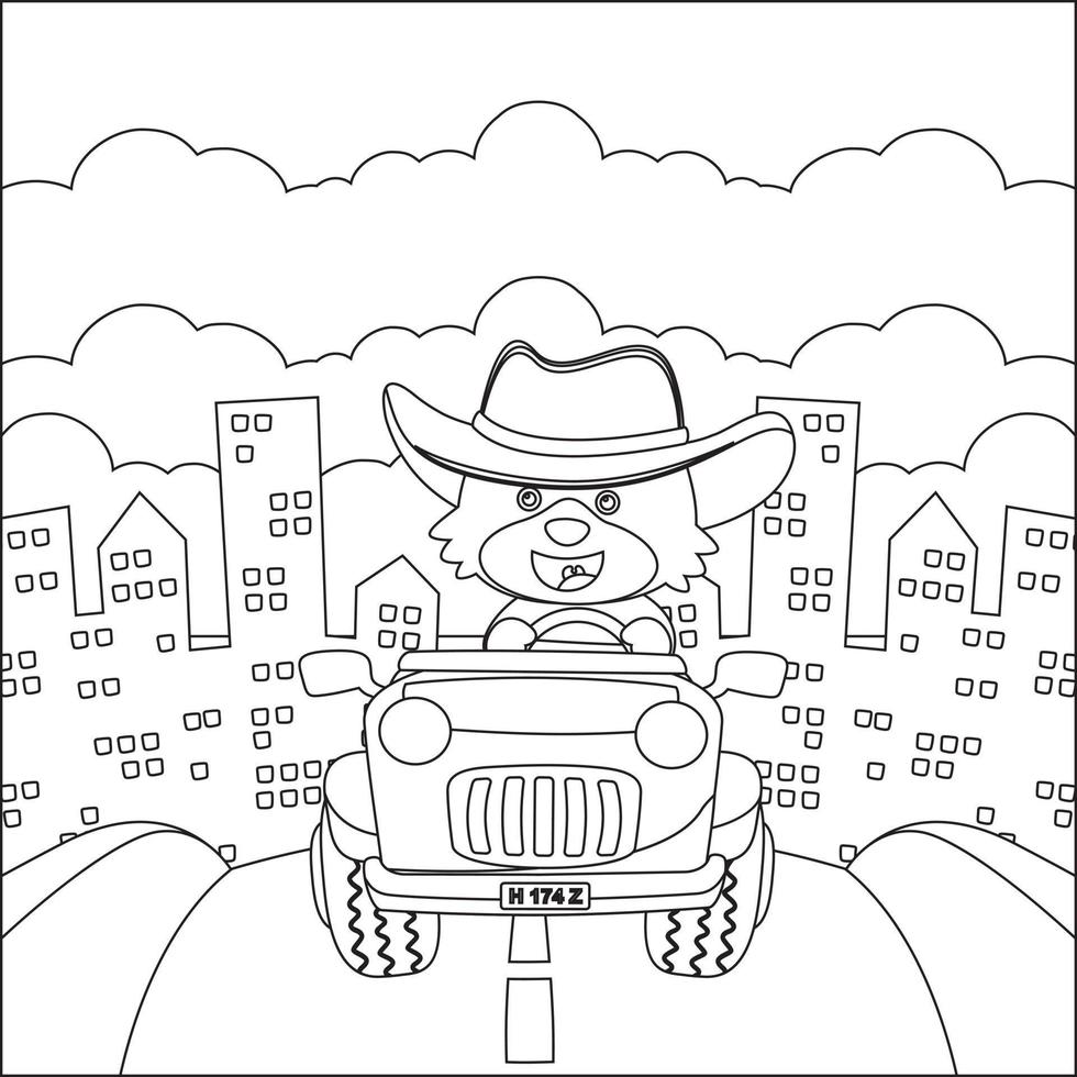 linda pequeño zorro dibujos animados teniendo divertido conducción apagado la carretera coche en soleado día. dibujos animados aislado vector ilustración, creativo vector infantil diseño para niños actividad colorante libro o página.