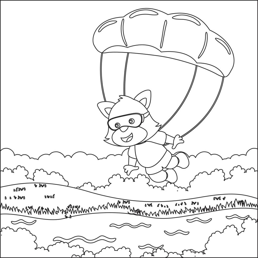 Vector cartoon illustration of skydiving with litlle fox with cartoon style Childish design for kids activity colouring book or page.