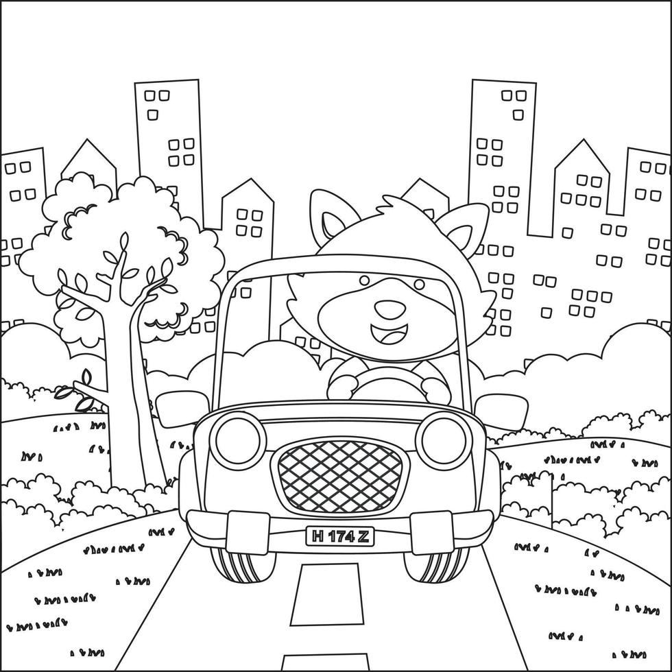 linda pequeño zorro dibujos animados teniendo divertido conducción apagado la carretera coche en soleado día. dibujos animados aislado vector ilustración, creativo vector infantil diseño para niños actividad colorante libro o página.