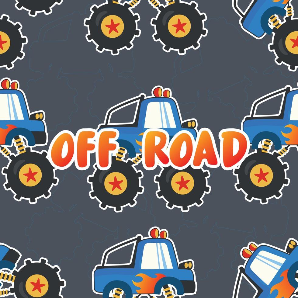 Seamless pattern vector of monster truck with cartoon style. For fabric textile, nursery, baby clothes, background, textile, wrapping paper and other decoration.