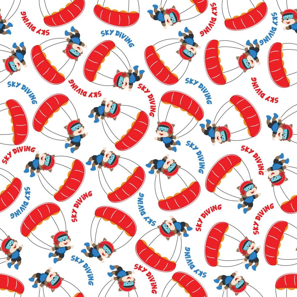 Seamless vector pattern with cute little fox skydiver, Design concept for kids textile print, nursery wallpaper, wrapping paper. Cute funny background.