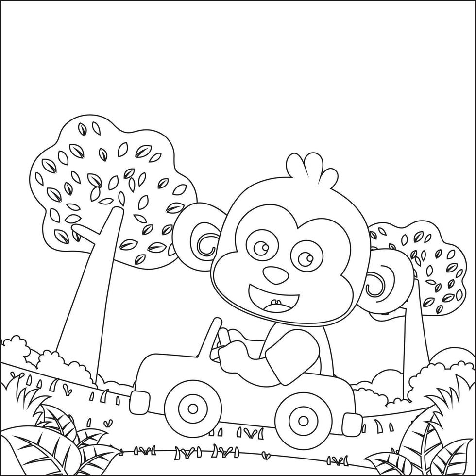 Vector cartoon of funny animal driving car in the junggle. Cartoon isolated vector illustration, Creative vector Childish design for kids activity colouring book or page.