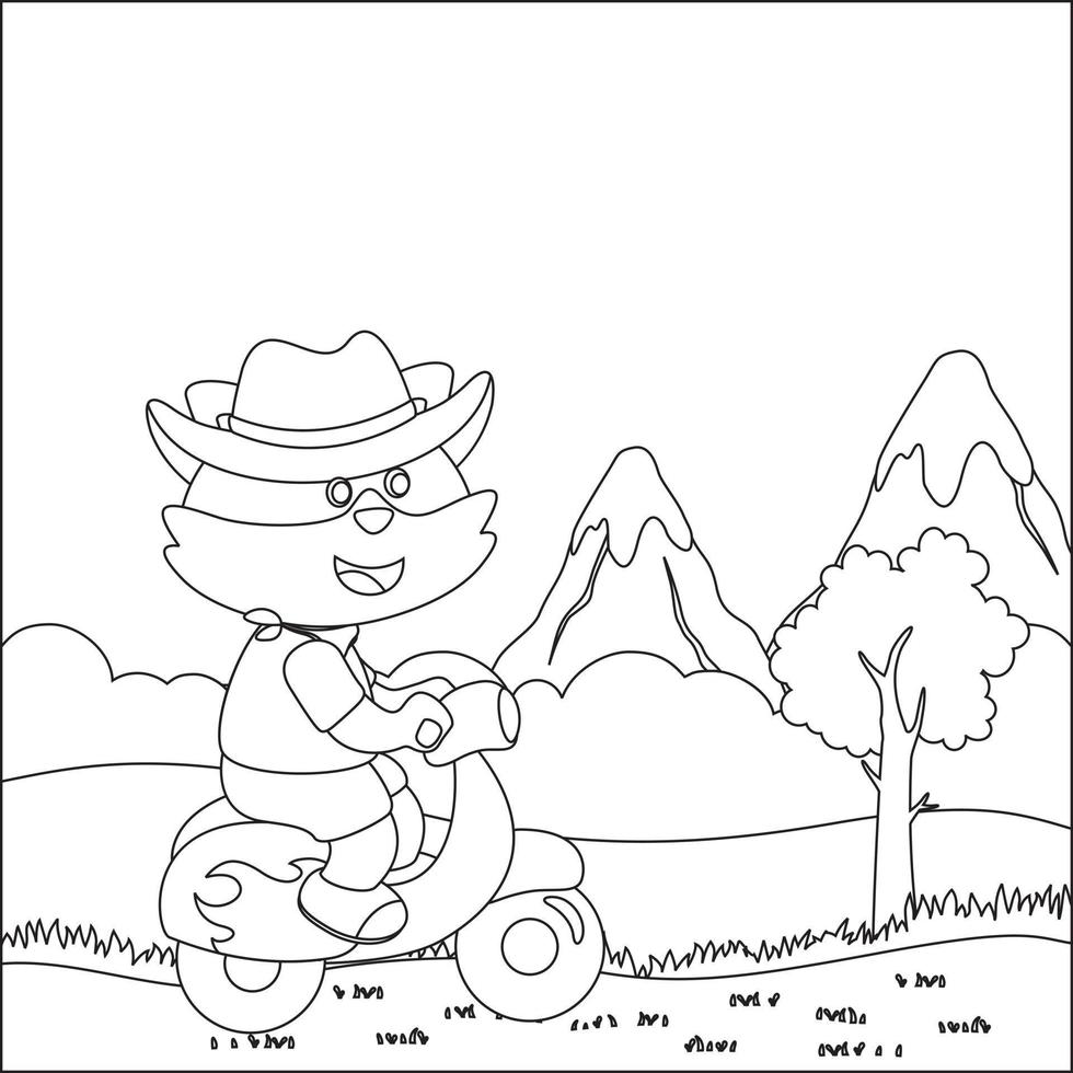 Vector illustration of cute little fox riding a scooter. Funny vector illustration. Childish design for kids activity colouring book or page.