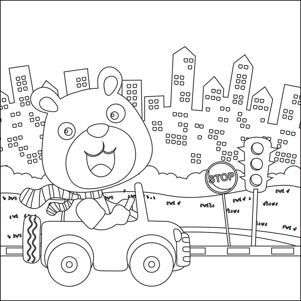 Cute little animal driving a car go to forest funny animal cartoon,  Trendy children graphic with Line Art Design Hand Drawing Sketch Vector illustration For Adult And Kids Coloring Book.