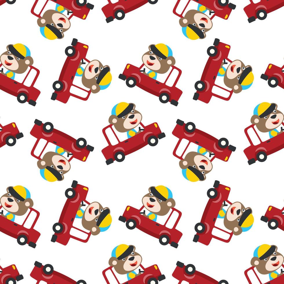 Seamless pattern of funny bear driving car in the road. Creative vector childish background for fabric, textile, nursery wallpaper, poster, card, brochure. and other decoration.