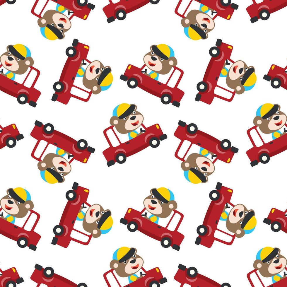 Seamless pattern of funny bear driving car in the road. Creative vector childish background for fabric, textile, nursery wallpaper, poster, card, brochure. and other decoration.