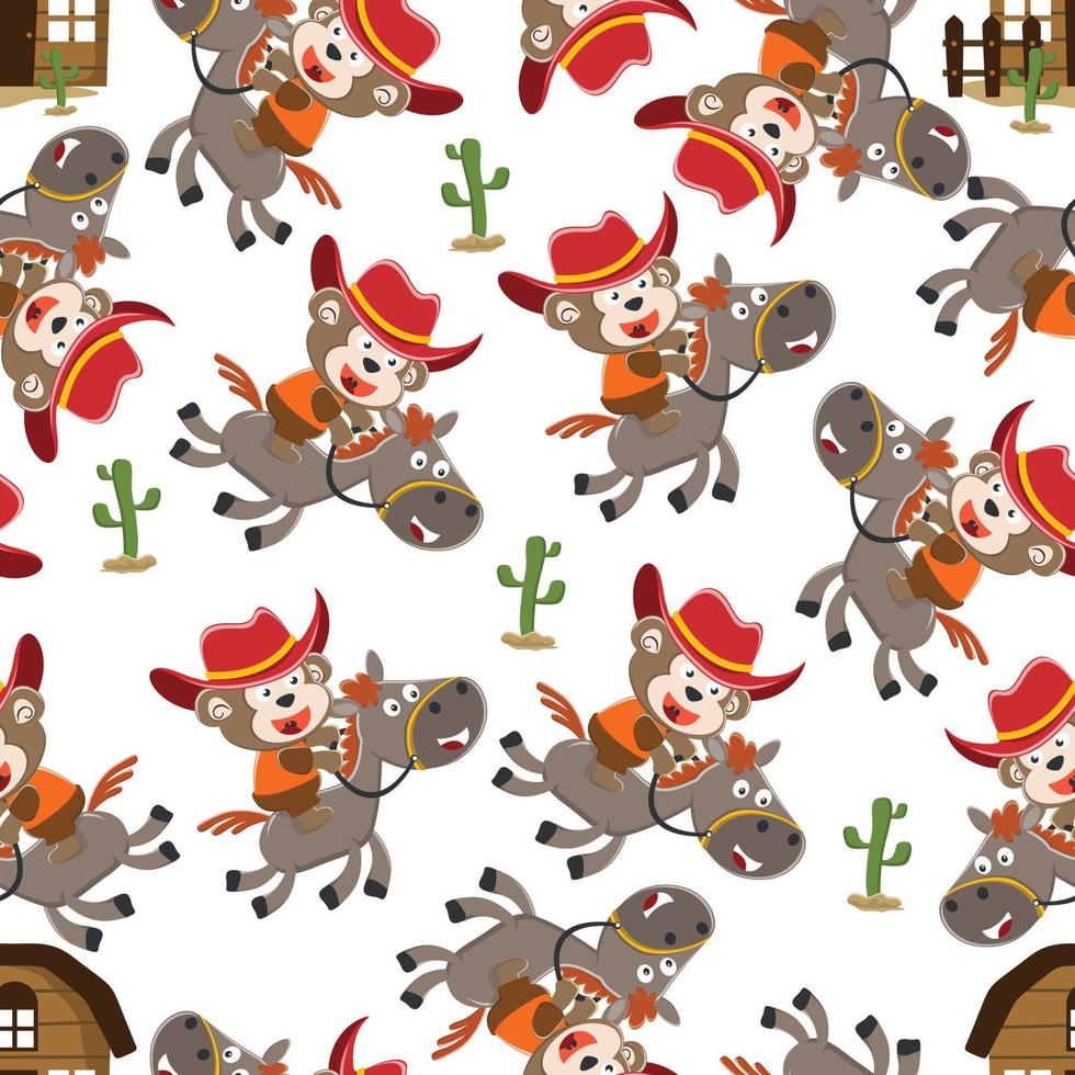 Seamless pattern of Happy horse cartoon in the farm with barn and green field. funny animal cartoon. Creative vector childish background for fabric textile, nursery wallpaper, and other decoration.