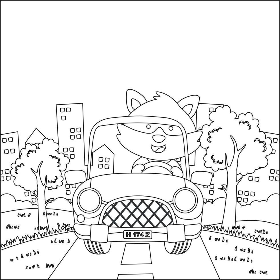 Cute little fox cartoon having fun driving off road car on sunny day. Cartoon isolated vector illustration, Creative vector Childish design for kids activity colouring book or page.