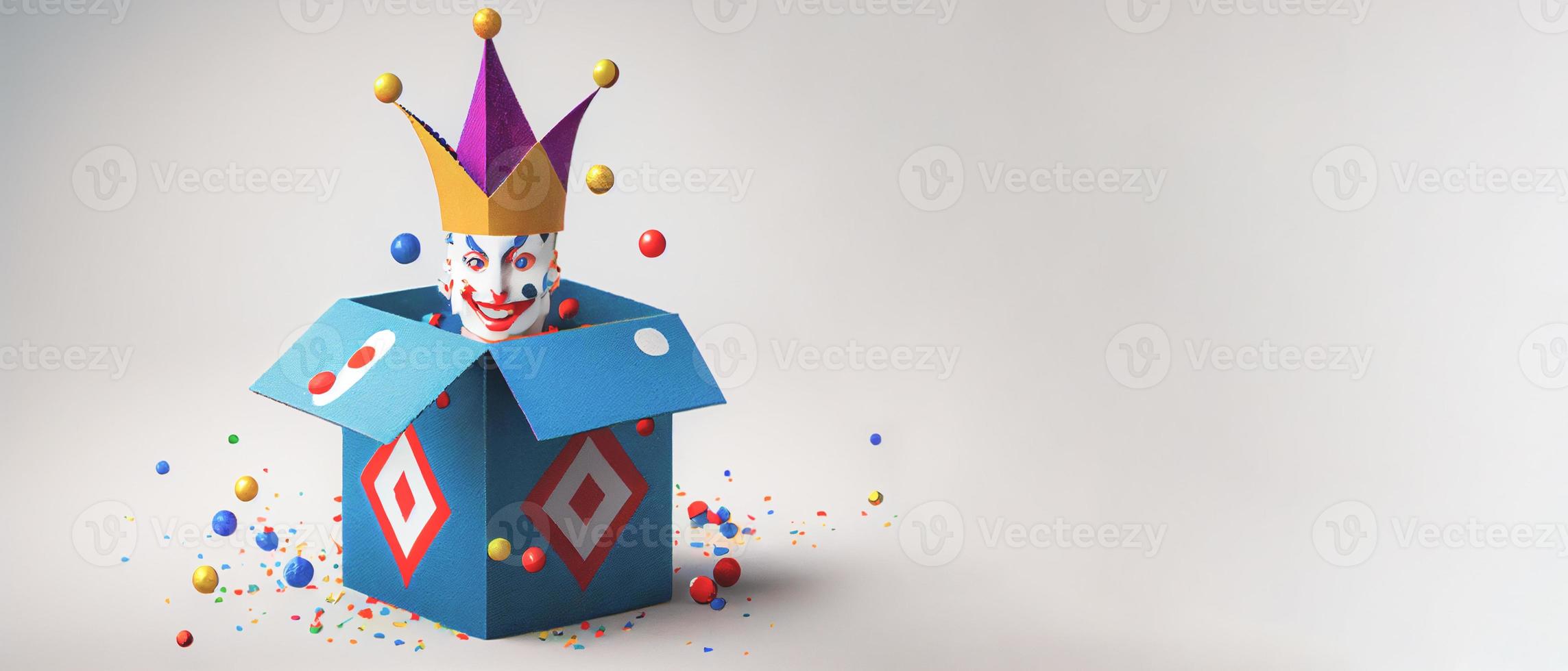 Jack in the Box with confetti, jester hat. April fool day concept with box surprise. Banner 3D illustration with a copy of the place for the text photo