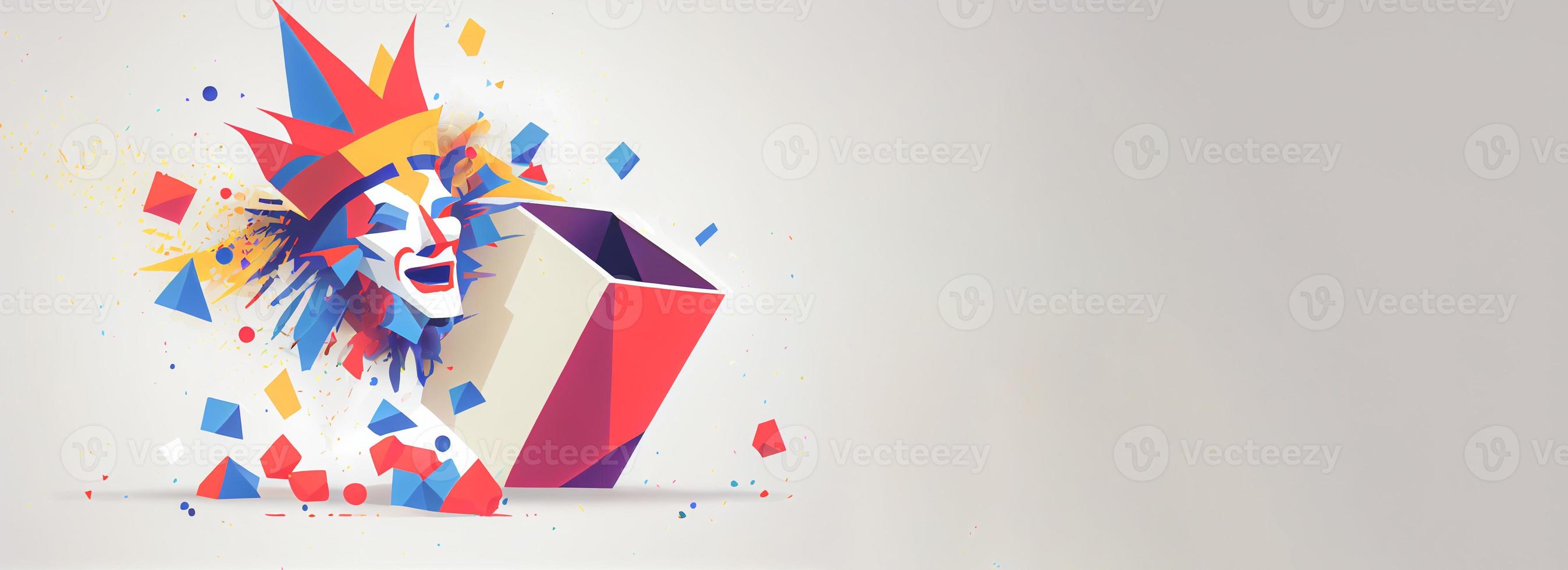 Jack in the Box with confetti, jester hat. April fool day concept with box surprise. Banner 3D illustration with a copy of the place for the text photo