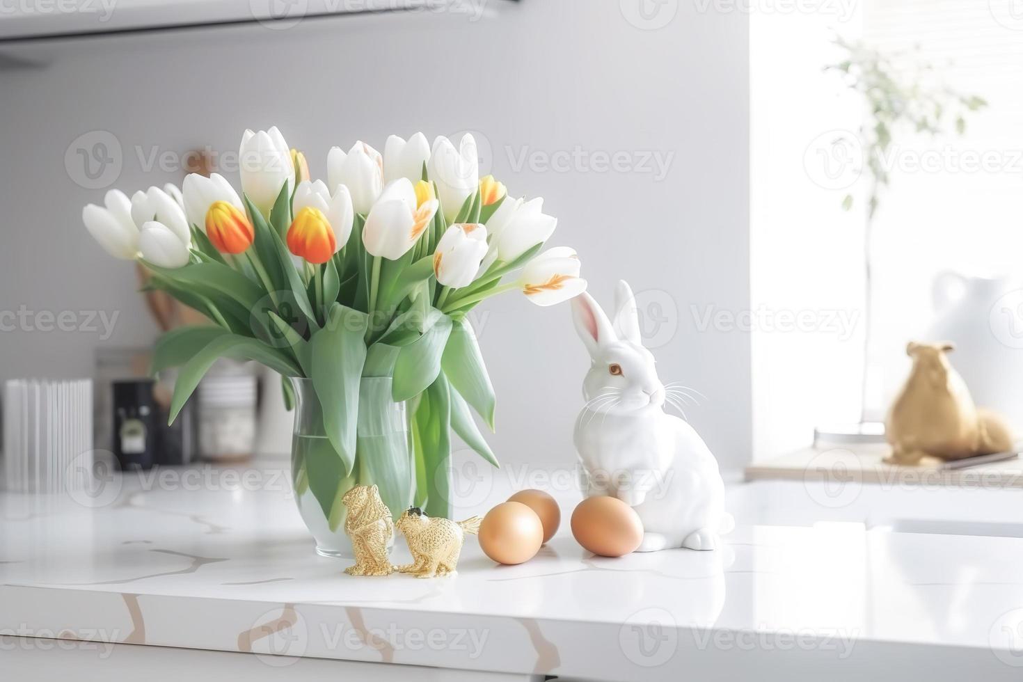 Easter table setting with tulips, Easter bunnies, and eggs with golden patterns in the white Scandinavian-style kitchen background. Beautiful minimalist design for greeting card photo