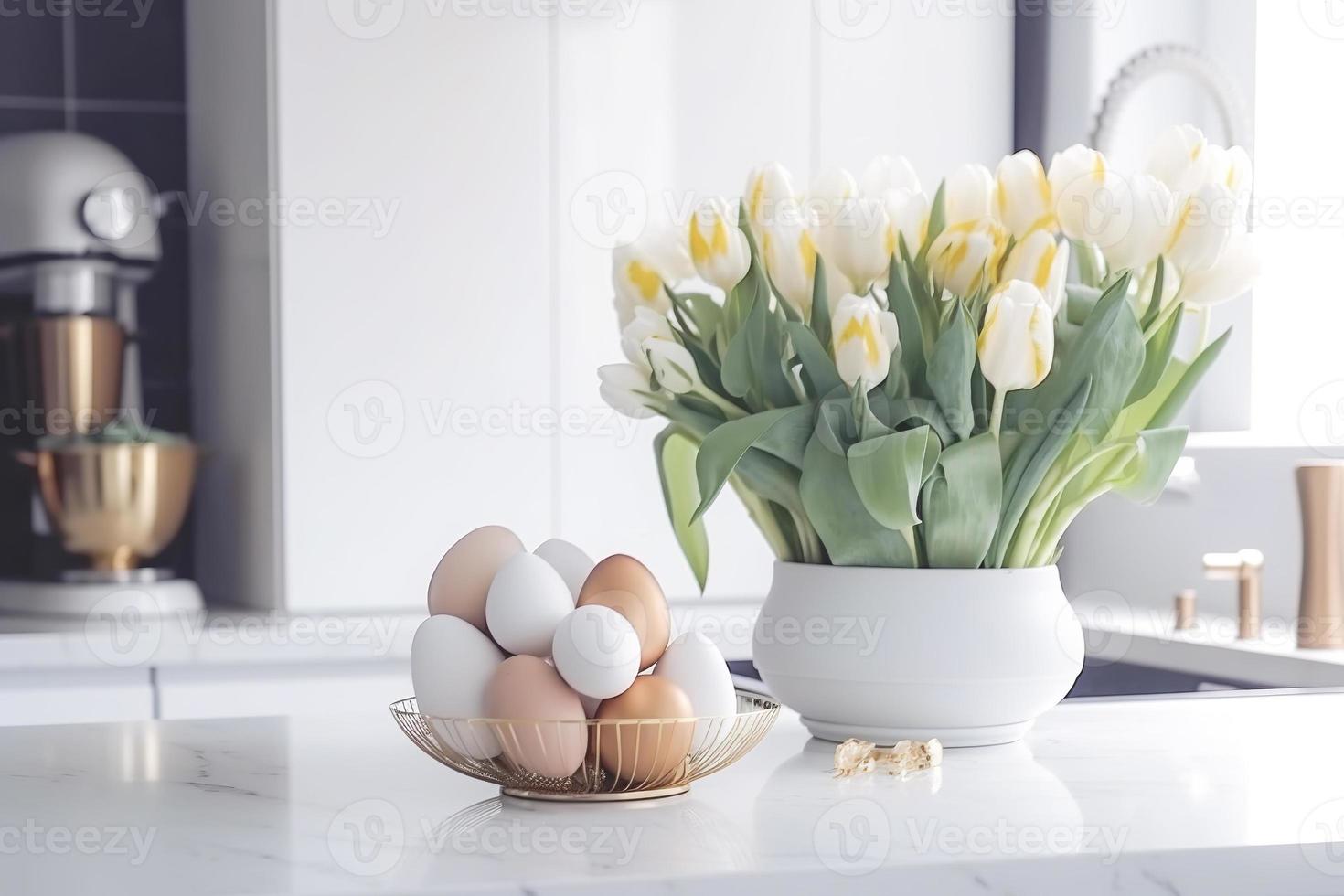 Easter table setting with tulips, Easter bunnies, and eggs with golden patterns in the white Scandinavian-style kitchen background. Beautiful minimalist design for greeting card photo