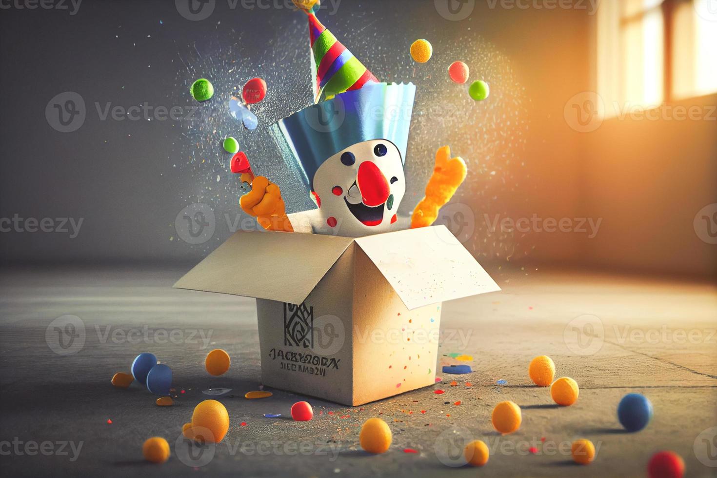 Jack in the Box with confetti, jester hat. April fool day concept with box surprise. Banner 3D illustration with a copy of the place for the text photo