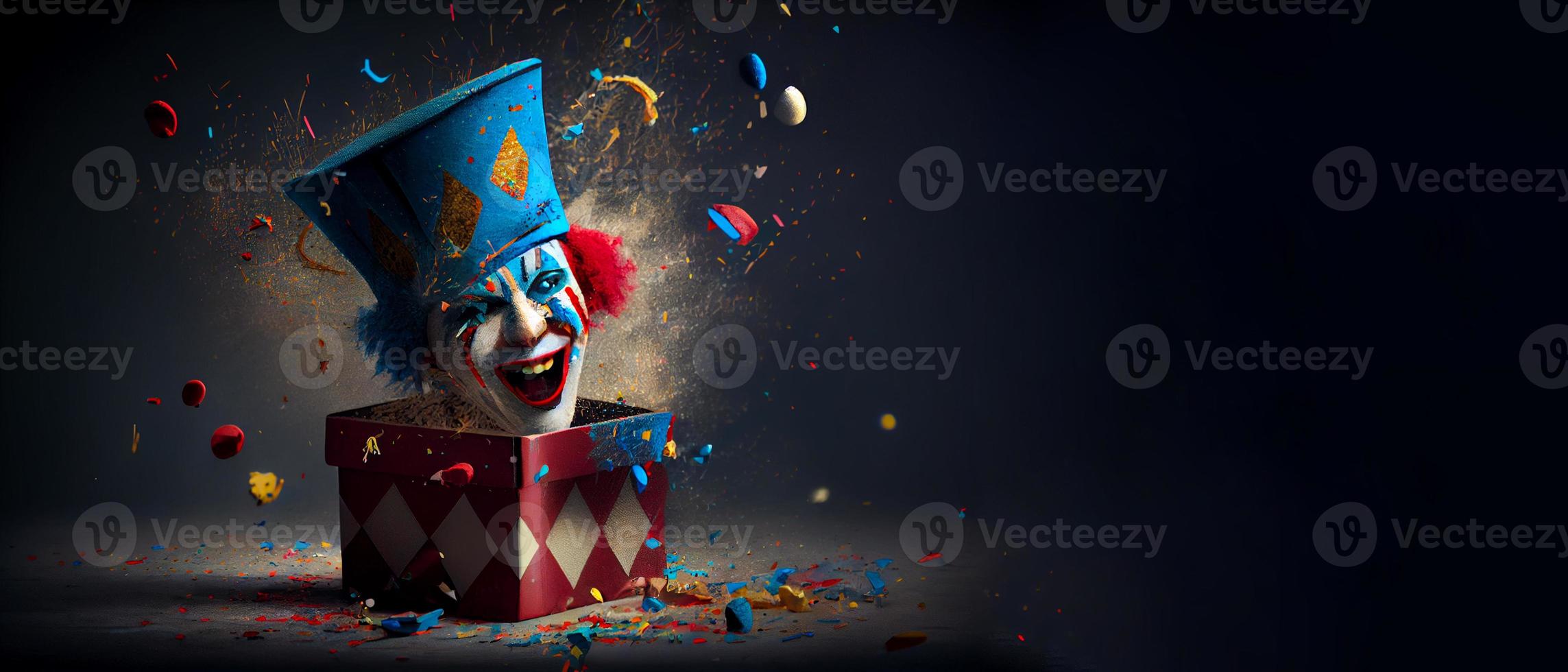 Jack in the Box with confetti, jester hat. April fool day concept with box surprise. Banner 3D illustration with a copy of the place for the text photo