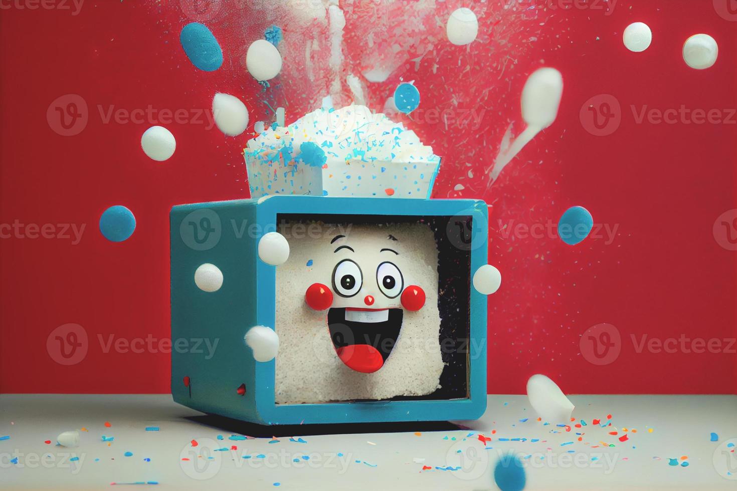 Jack in the Box with confetti, jester hat. April fool day concept with box surprise. Banner 3D illustration with a copy of the place for the text photo