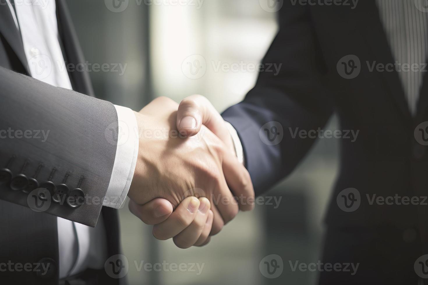 Businessman shaking hands after signing off on a meeting with partners, setting goals, and planning the way to success. Collaborative teamwork photo