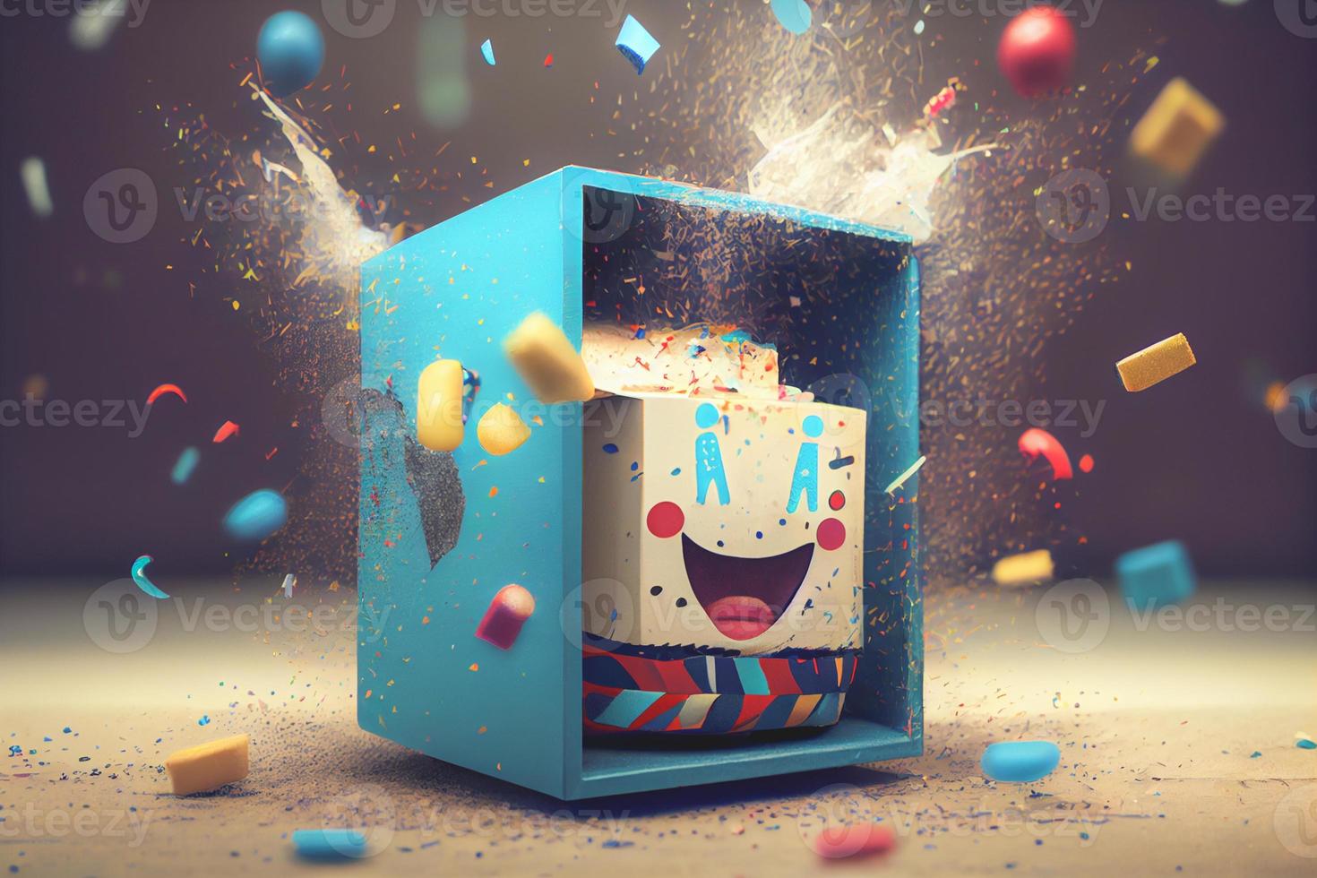 Jack in the Box with confetti, jester hat. April fool day concept with box surprise. Banner 3D illustration with a copy of the place for the text photo