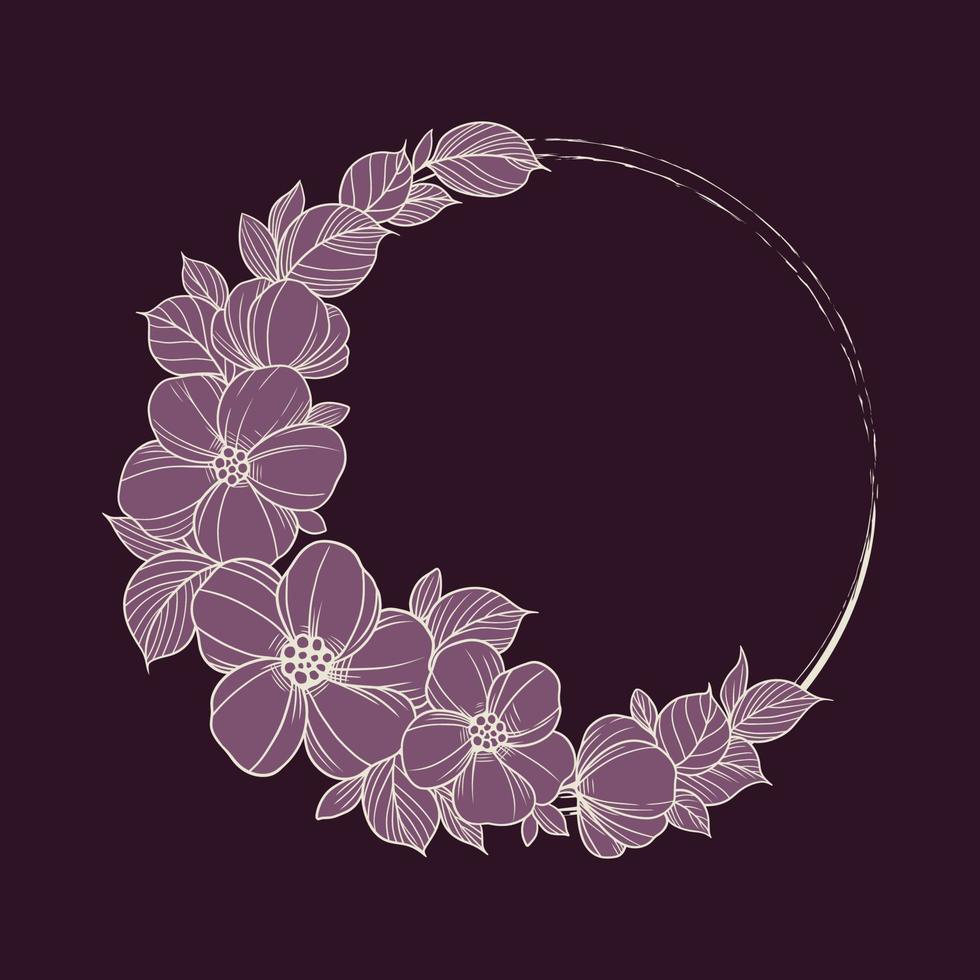 Flower frame outline double round. Floral circle border botanical line art vector