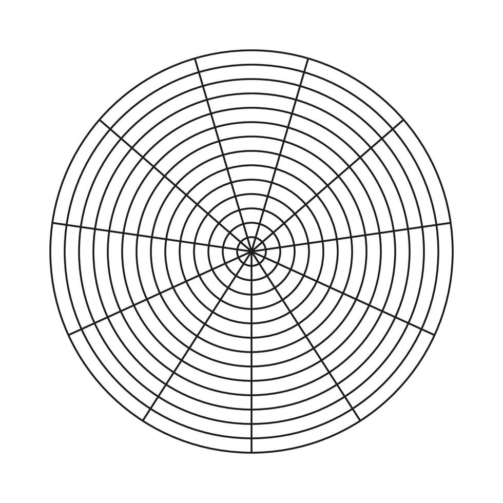 Wheel of life template. Polar grid of 13 segments and 11 concentric circles. Blank polar graph paper. Circle diagram of life style balance. Simple coaching tool for visualizing all areas of life. vector