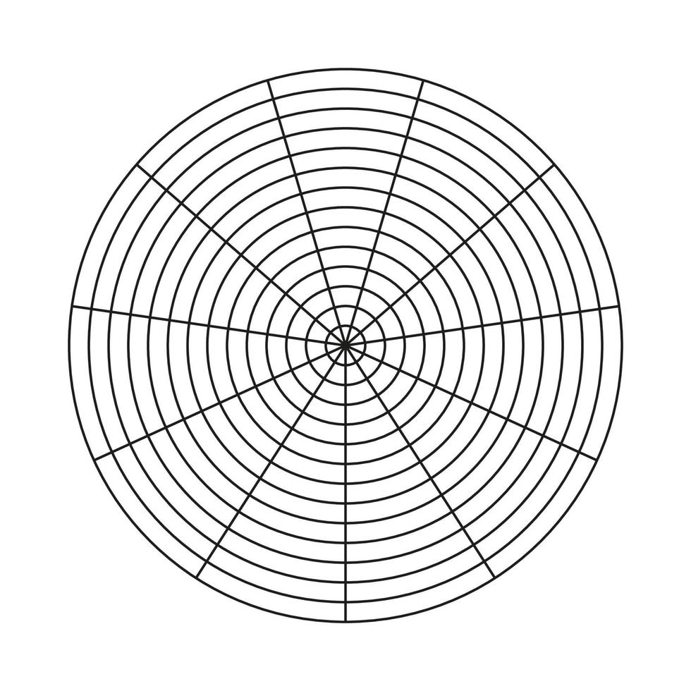 Wheel of life template. Polar grid of 13 segments and 11 concentric circles. Blank polar graph paper. Circle diagram of life style balance. Simple coaching tool for visualizing all areas of life. vector