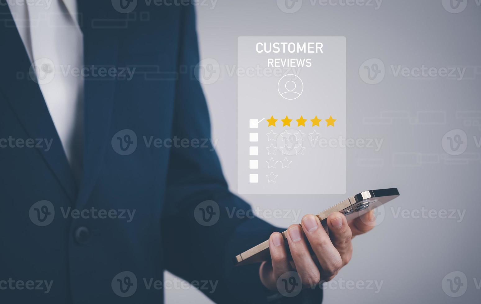 Businessman touch Customer review satisfaction feedback survey concept, User give rating to service experience on online application, service leading to reputation ranking business, 5 star photo