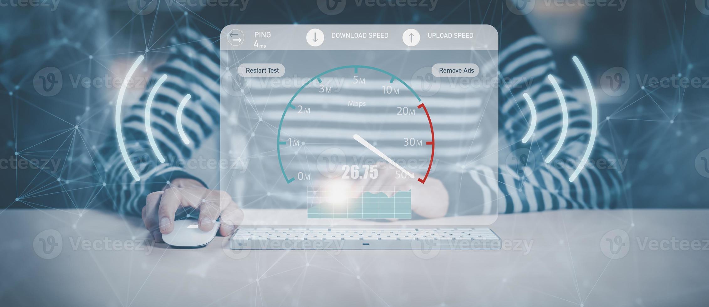 Fast internet connection with Metaverse technology concept, Hand holding smartphone and Virtual screen of Internet speed measurement,Internet and technology concept, 5G Hi speed internet concept photo