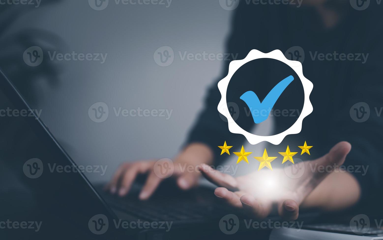 Hand touch Customer review satisfaction feedback survey for five star concept, User give rating to service experience on online application, service leading to reputation ranking of business. photo