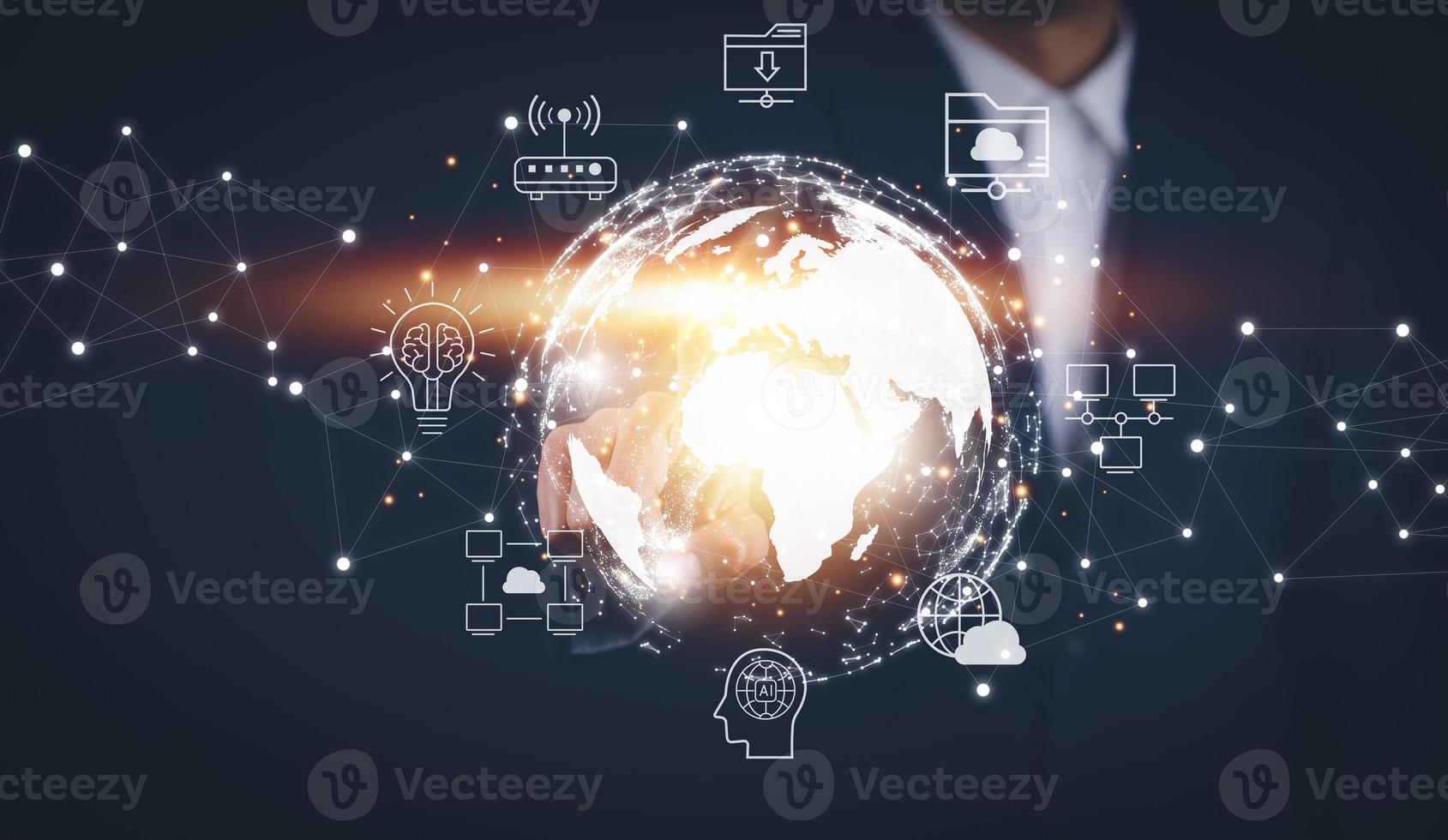 virtual Global Internet connection metaverse concept, Businessman using mobile smartphone, global internet connection application technology and digital marketing, Financial and banking,tech big data. photo