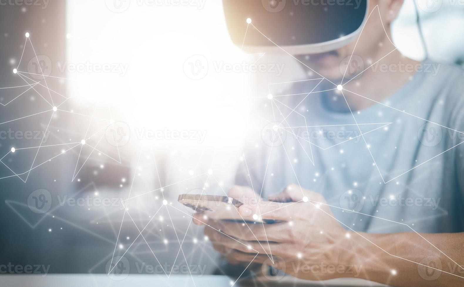 Man Wearing VR glasses virtual Global Internet connection metaverse, Metaverse digital cyber world technology concept, network connection and hologram screen displaying,Wireless connection futuristic. photo