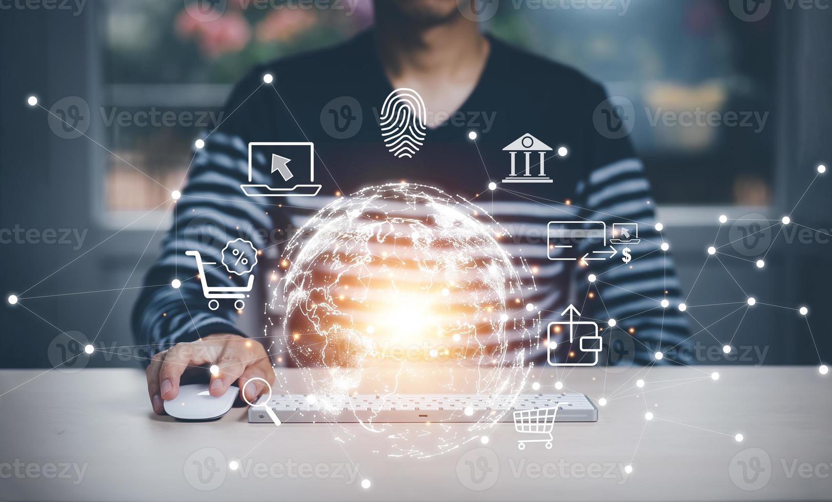 virtual Global Internet connection metaverse concept, Businessman using mobile smartphone, global internet connection application technology and digital marketing, Financial and banking,tech big data. photo