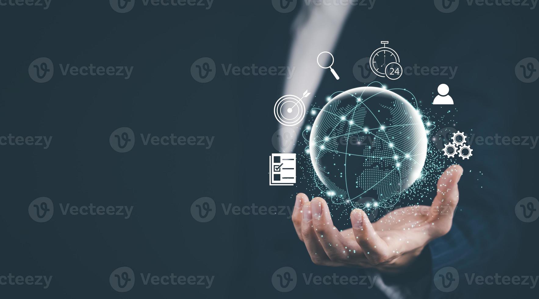 New metaverse with icon business concept,Business hand holding a virtual globe with financial icons future technology, business goals, online communication,graph Screen Icon of a media screen,big data photo
