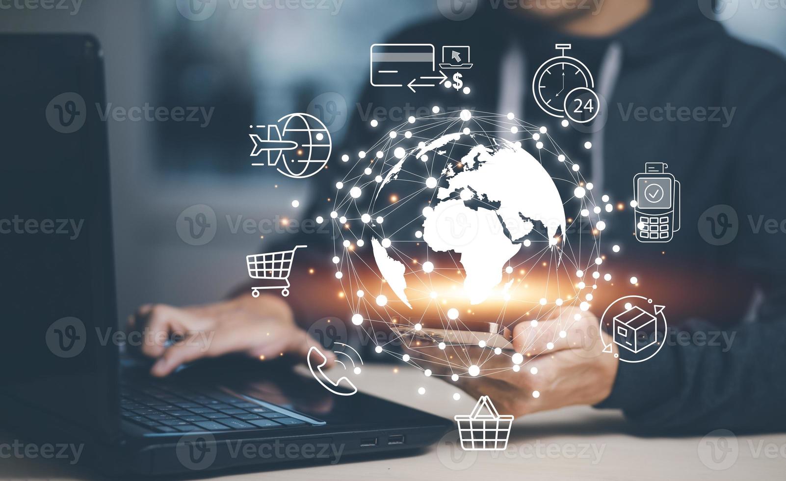 Metaverse with business concept, man using computer and touch virtual globe with financial icons future technology, business goals, online communication,graph Screen Icon of a media screen,big data photo