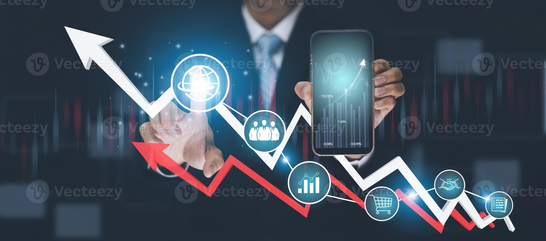Businessman holding tablet bar graph of analytics and financial, Changes in new planning, Business growth, ideas and perspectives, Stock investment, and dividends yield from business in the new year photo