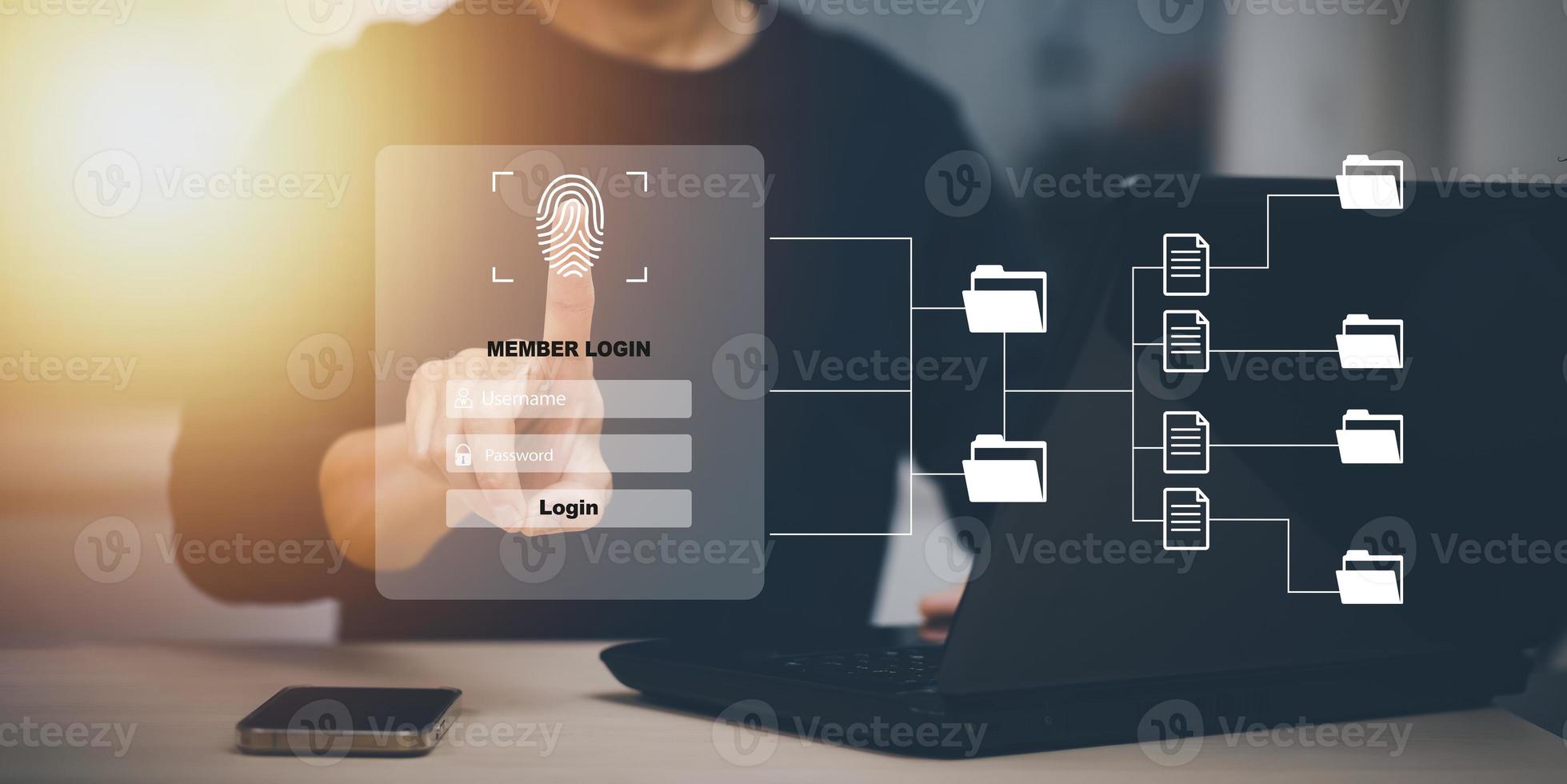 cyber security password login online concept  Hands typing and entering username and password of social media, log in with smartphone to an online bank account, data protection from hacker photo