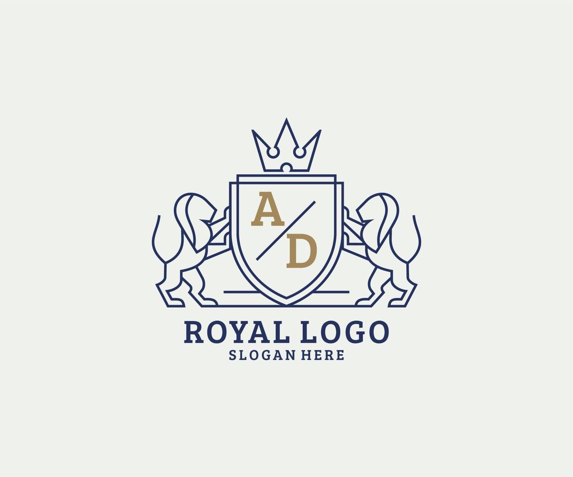 Initial AD Letter Lion Royal Luxury Logo template in vector art for Restaurant, Royalty, Boutique, Cafe, Hotel, Heraldic, Jewelry, Fashion and other vector illustration.