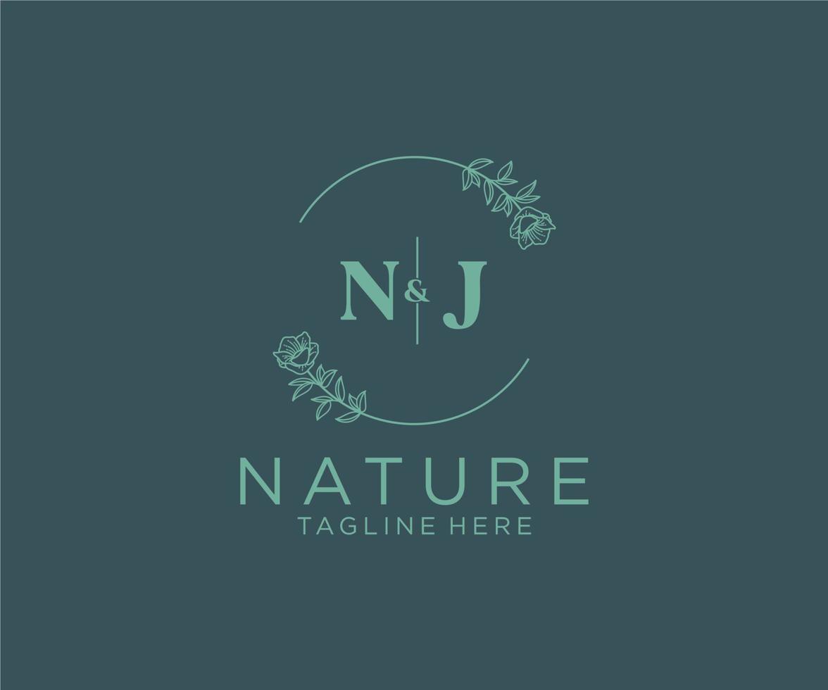 initial NJ letters Botanical feminine logo template floral, editable premade monoline logo suitable, Luxury feminine wedding branding, corporate. vector