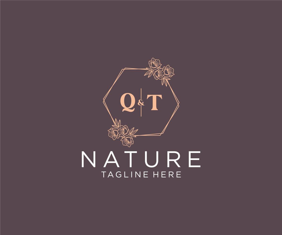 initial QT letters floral frames. Botanical feminine editable premade monoline unique decoration for greeting card, wedding invitation. vector