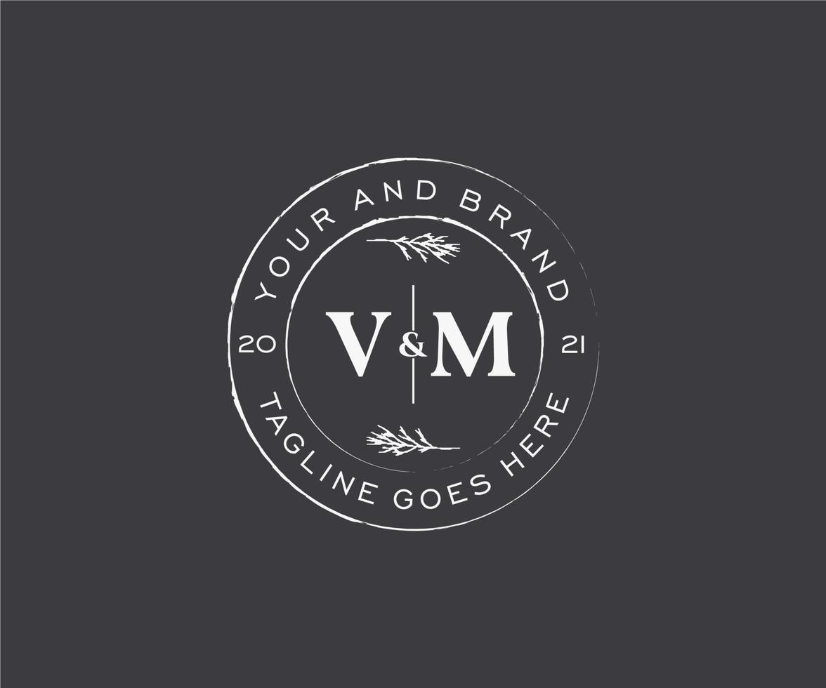 initial VM letters floral frames. Botanical feminine editable premade monoline unique decoration for greeting card, wedding invitation. vector