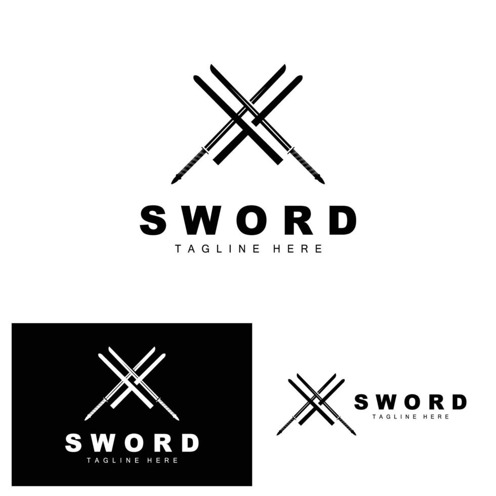 Sword Logo, Samurai Katana Monochrome Design, Vector War Weapon Cutting Tool Template Icon