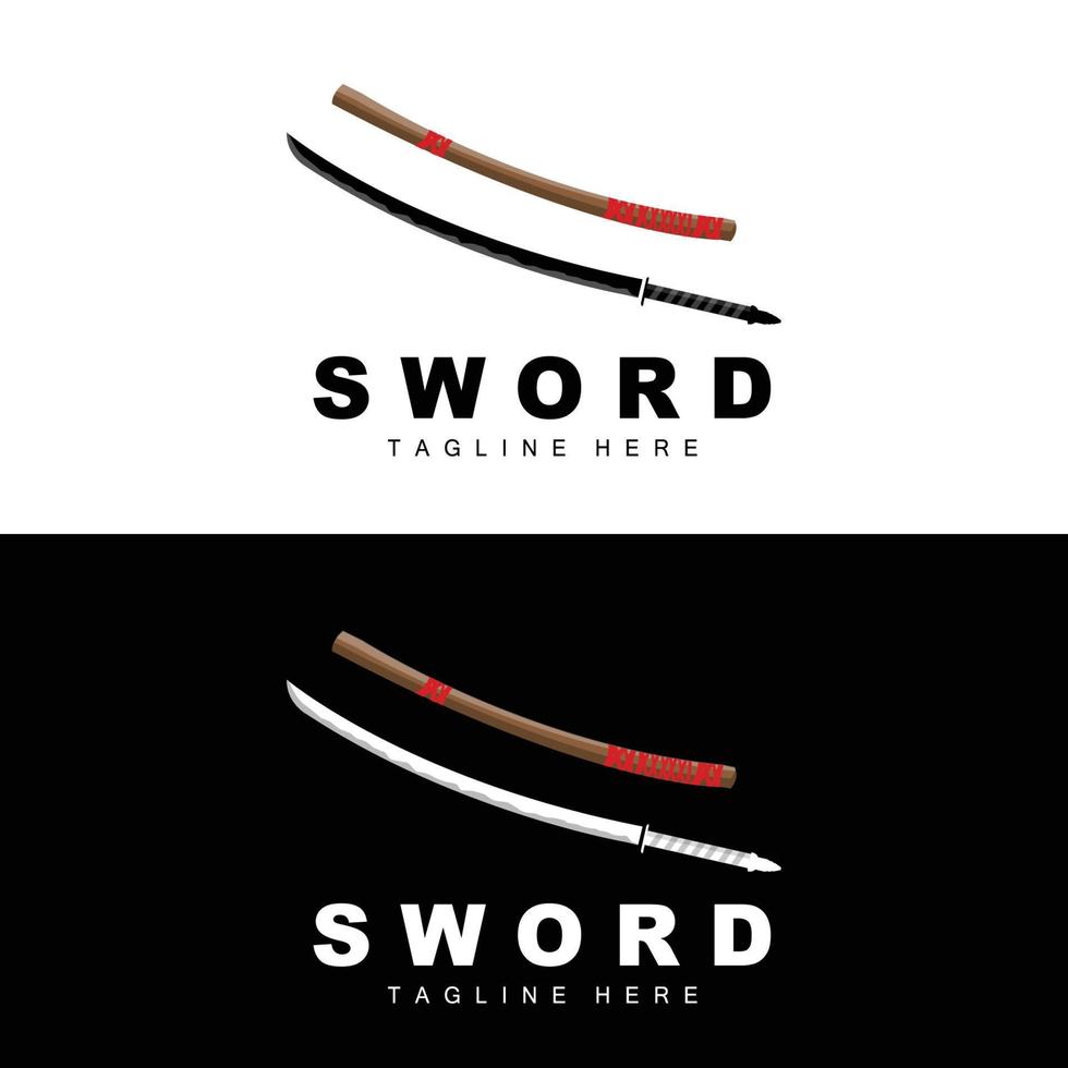 Sword Logo, Samurai Katana Monochrome Design, Vector War Weapon Cutting Tool Template Icon